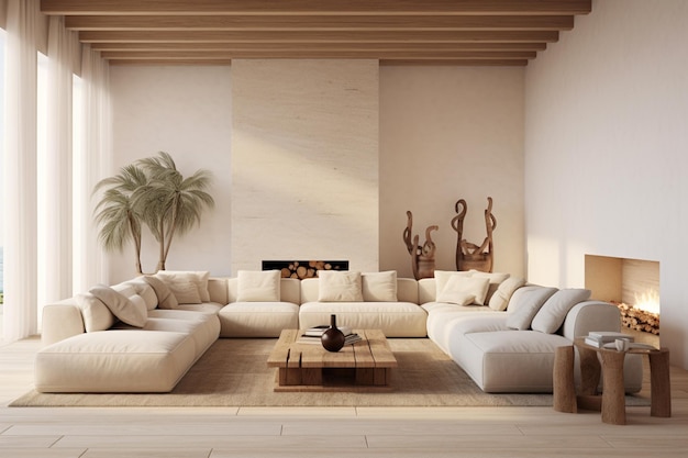 Sala de estar Arafed com um grande sofá secional e uma mesa de centro generativa ai