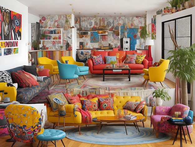 sala de estar arrojada e eclética repleta de uma mistura de cores vibrantes de móveis vintage e modernos