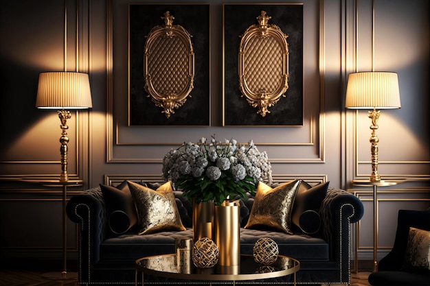Sala de estar art deco com decorações douradas design de interiores