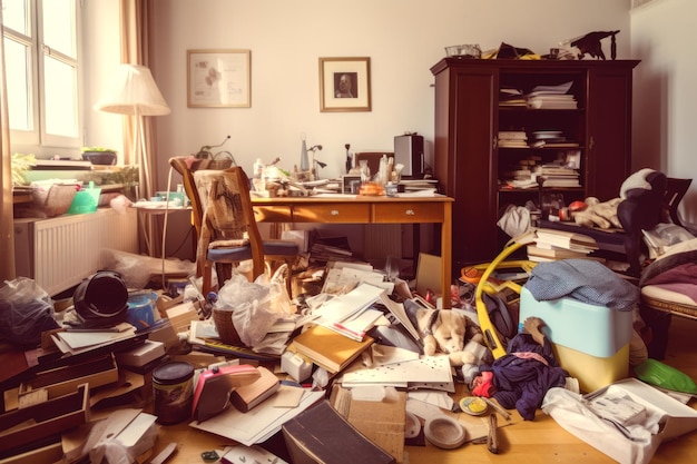 Sala de estar bagunçada com mesa bagunçada e muita desordem no chão generative ai