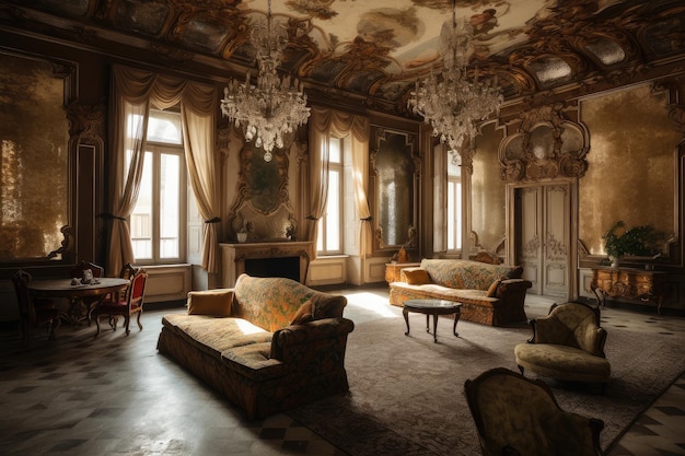 Sala de estar barroca com móveis de veludo e detalhes dourados criados com ai generativa