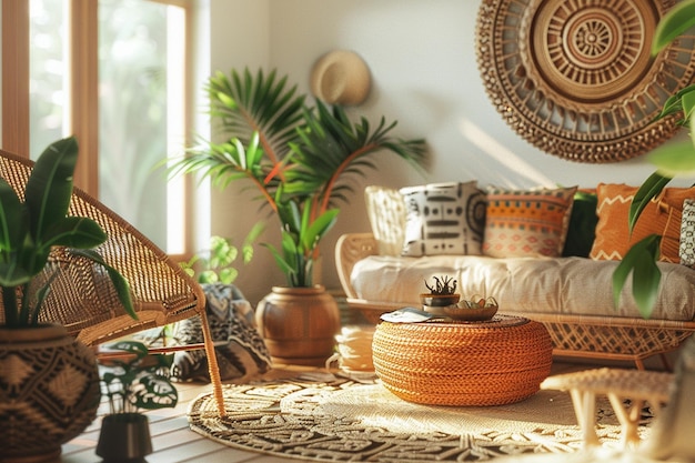 Sala de estar boho chic com móveis de rattan e la