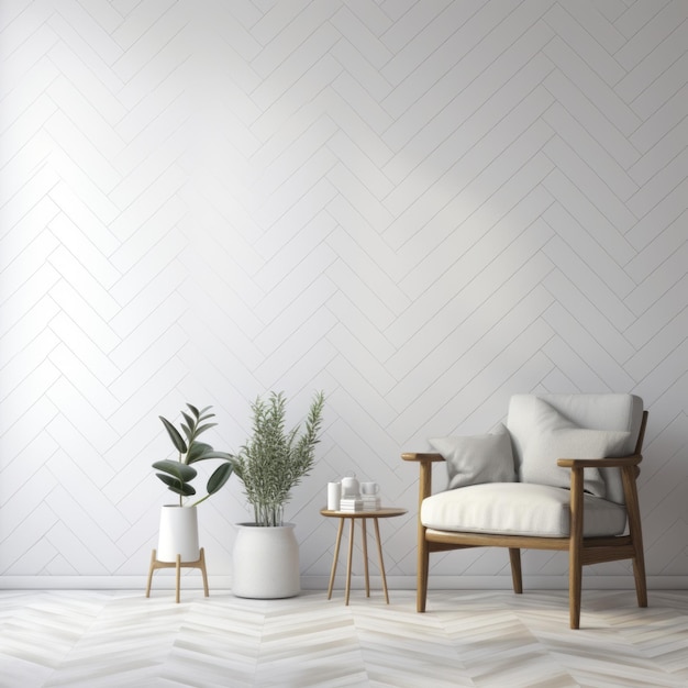 Sala de estar branca calma e meditativa com paredes de azulejos de espinha de arenque