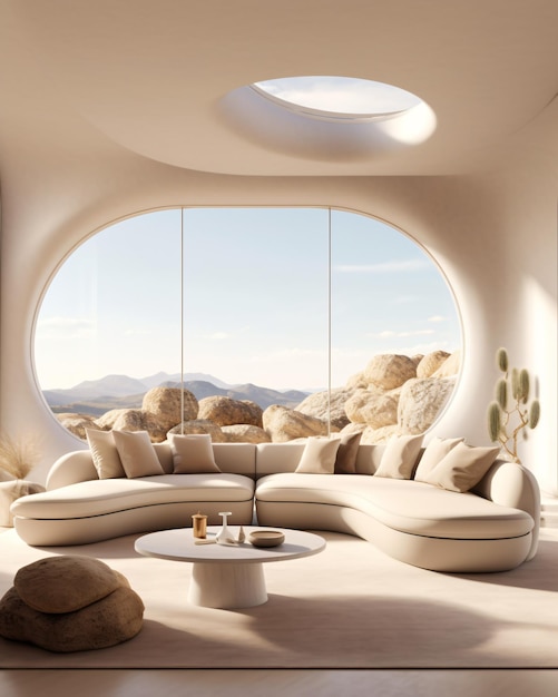 Sala de estar branca com grandes janelas e grandes sofás bege com almofadas brancas em estilo orgânico futurista ia gerada por ia generativa ia generativa ia gerada generativa generativa
