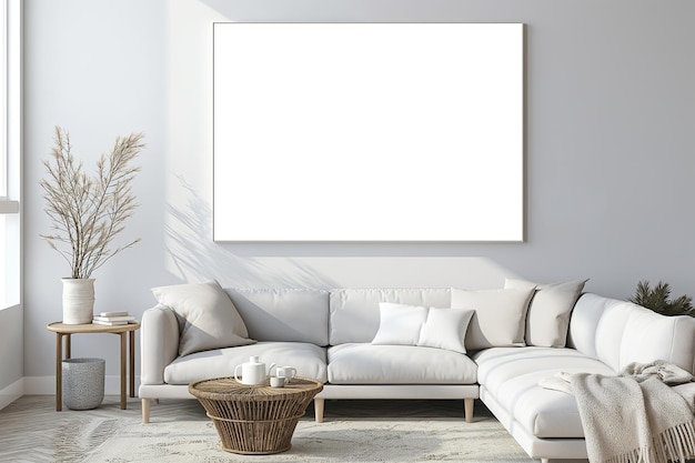 Sala de estar brilhante e minimalista com um sofá branco e uma grande moldura em branco na parede