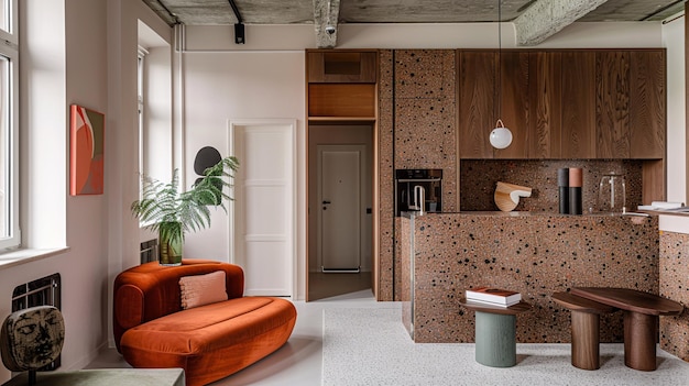 Foto sala de estar burl de nozes e terrazzo acentos são combinados com chunky mobiliário de declaração neste um