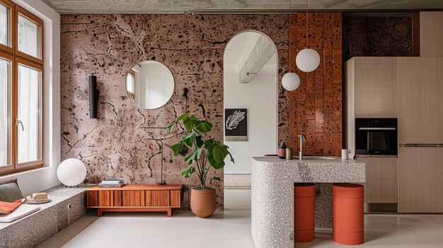 Foto sala de estar burl de nozes e terrazzo acentos são combinados com chunky mobiliário de declaração neste um