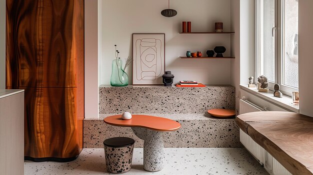 sala de estar burl de nozes e terrazzo acentos são combinados com chunky mobiliário de declaração neste um