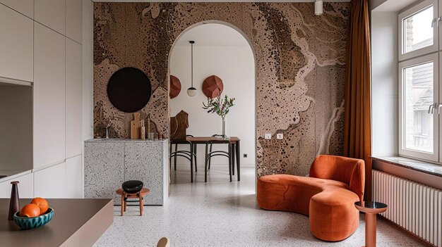 Foto sala de estar burl de nozes e terrazzo acentos são combinados com chunky mobiliário de declaração neste um