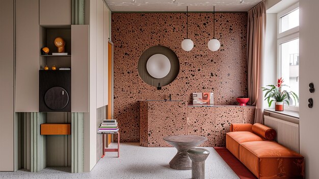 Foto sala de estar burl de nozes e terrazzo acentos são combinados com chunky mobiliário de declaração neste um