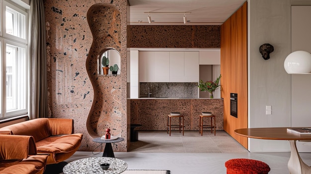 Foto sala de estar burl de nozes e terrazzo acentos são combinados com chunky mobiliário de declaração neste um