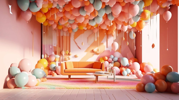 Sala de estar cheia de balões coloridos ao lado do sofá