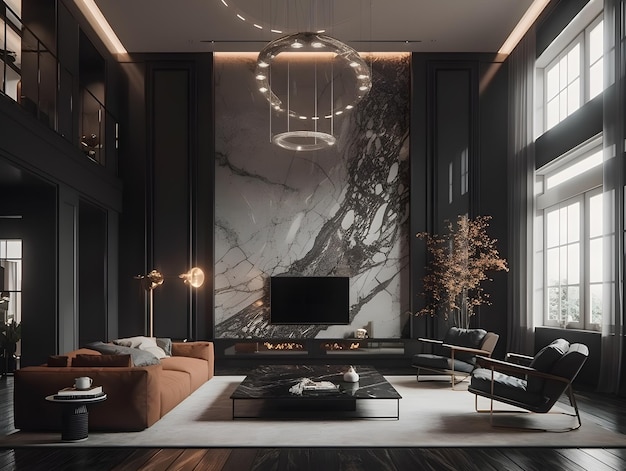 Sala de estar cheia de móveis e uma grande janela na geração de IA de tendência de design minimalista