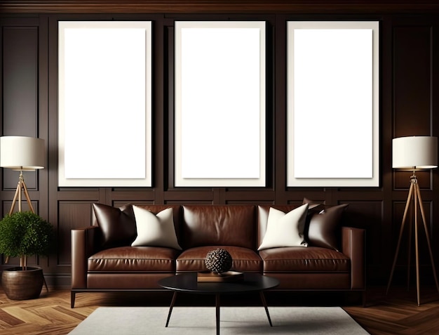 Sala de estar clássica com sofá de couro e mock up frame Generative AI