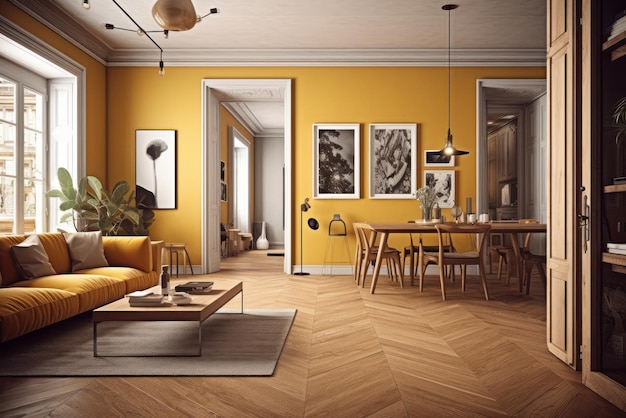 Sala de estar clássica moderna com paredes da área de jantar e sofá macio em tons de parquet francês amarelo c