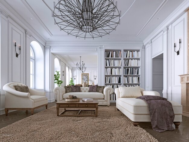 Sala de estar clássica, painéis e molduras de teto sobre um piso de madeira de espinha, mobiliado com sofás estofados brancos e pufe. Renderização 3d
