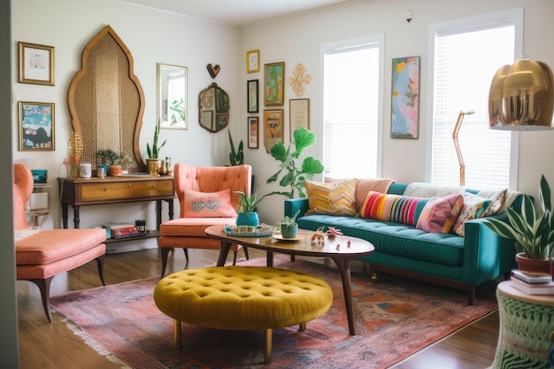 Sala de estar colorida com móveis ecléticos e toques vintage