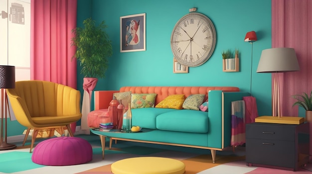 Sala de estar colorida vintage de renderização 3D com estilo retrô