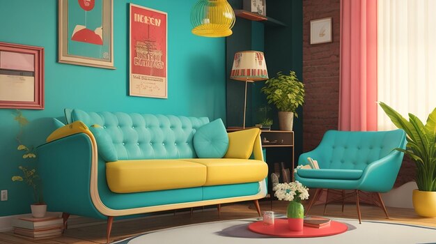 Sala de estar colorida vintage de renderização 3D com estilo retrô