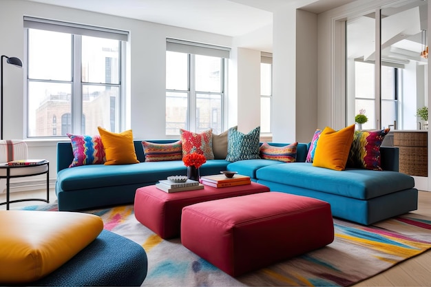 Sala de estar com almofadas vibrantes e móveis modernos e elegantes