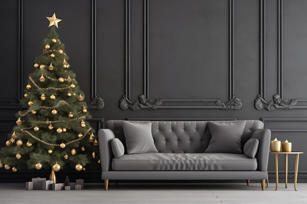 Sala de estar com árvore de natal tema teal e sofá cinza