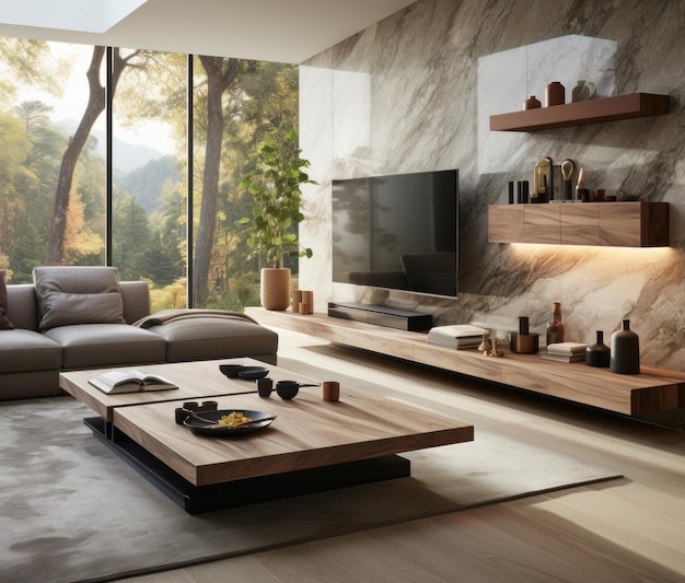 sala de estar com grandes janelas e mobiliário de madeira elegante em um interior chique caro