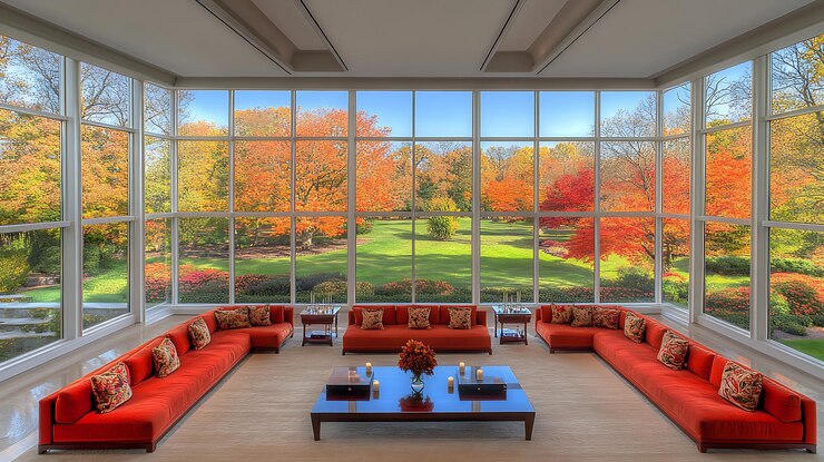 Foto sala de estar com grandes janelas e vista de outono