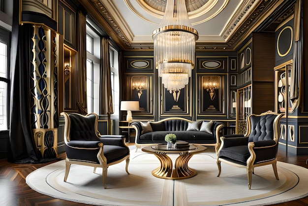 Sala de estar com lustre e sofá com detalhes em preto e dourado.