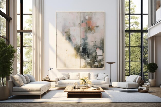 Foto sala de estar com móveis abundantes e janelas expansivas criadas usando ferramentas de ia generativas