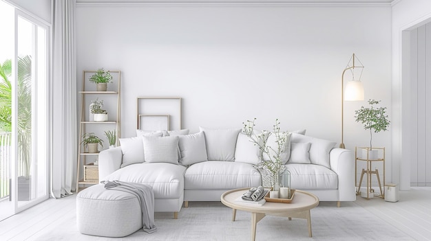 Sala de estar com móveis de tons confortáveis parede traseira branca com luz natural do lado da janela