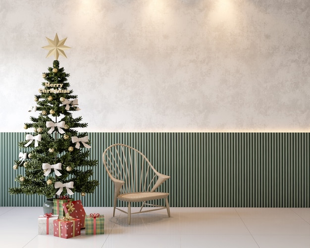 Foto sala de estar com painel de ripas verdes, presentes da árvore de natal e cadeira renderização em 3d