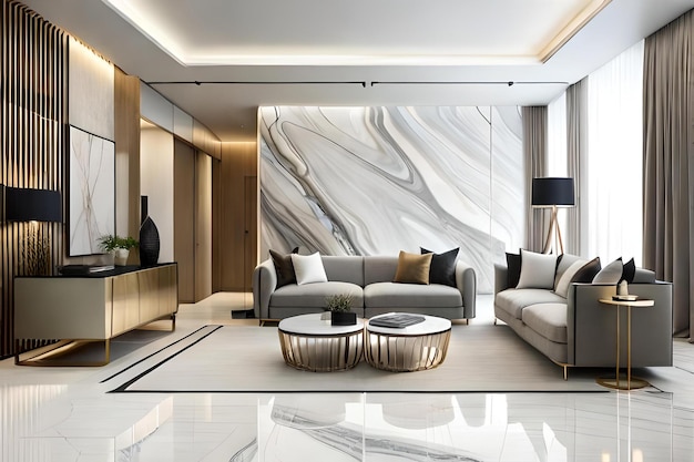 Sala de estar com parede de mármore e sofá com almofada dourada e preta