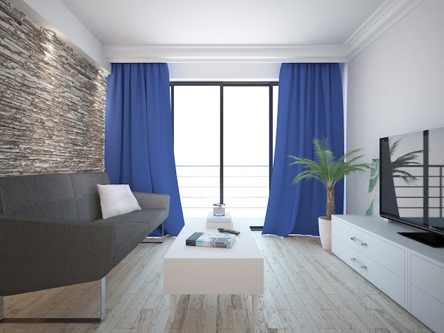 Sala de estar com parede de pedra e cortinas