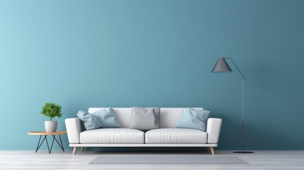 Sala de estar com paredes azuis e sofá branco no estilo cyan claro fundos minimalistas