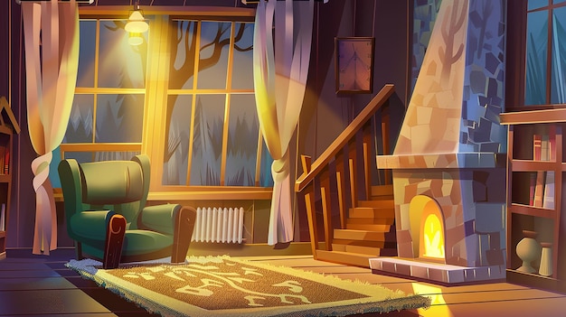 Sala de estar com poltrona de lareira de trabalho e ilustração de desenho animado de papelão