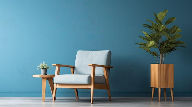 Sala de estar com poltrona de planta de parede azul e mesa de madeira