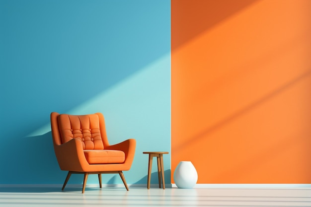 Sala de estar com poltronas laranja e paredes azuis