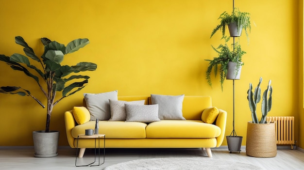 Sala de estar com sofá amarelo e plantas secas