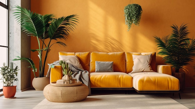 Sala de estar com sofá amarelo e plantas secas