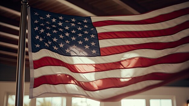 Sala de estar com sofá e grande manta com bandeira americana Dia da Independência Americana