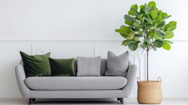 Sala de estar com sofá e planta em vaso