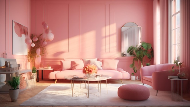 Foto sala de estar com sofá rosa e mesa de centro com tapete branco.