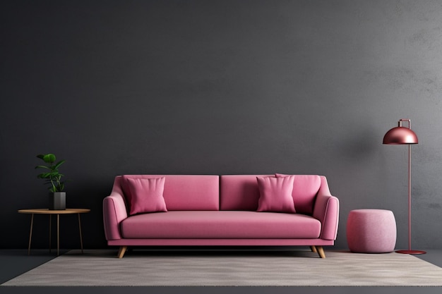 Sala de estar com sofá rosa e paredes cinzentas escuras