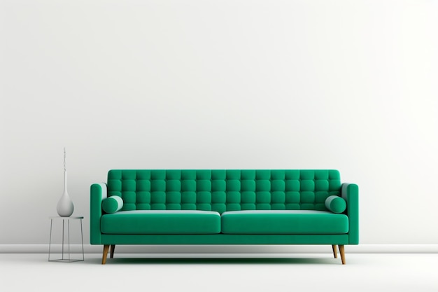 Sala de estar com sofá verde esmeralda e paredes brancas