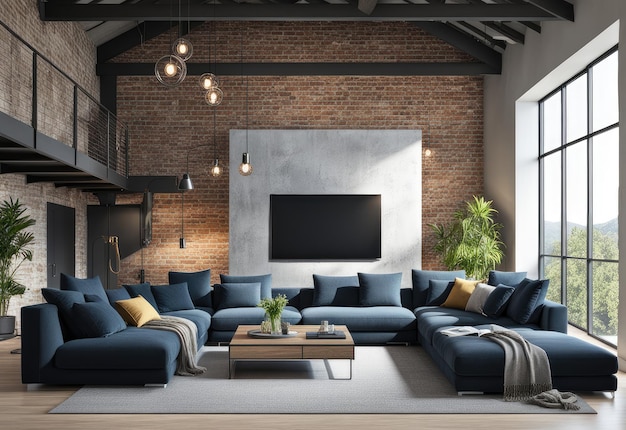 Sala de estar com sofás em estilo loft plano renderização 3D