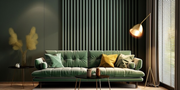 Sala de estar com tapete de sofá verde grande e confortável e candeeiro de parede dourado decorativo