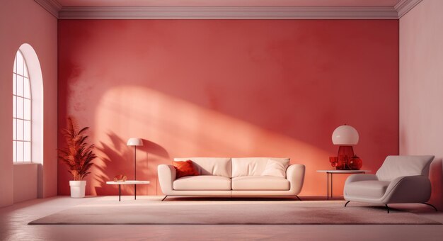 Sala de estar com um interior de sala de cor vermelha brilhante no estilo de paleta de cores suaves silenciadas branco escuro e rosa claro