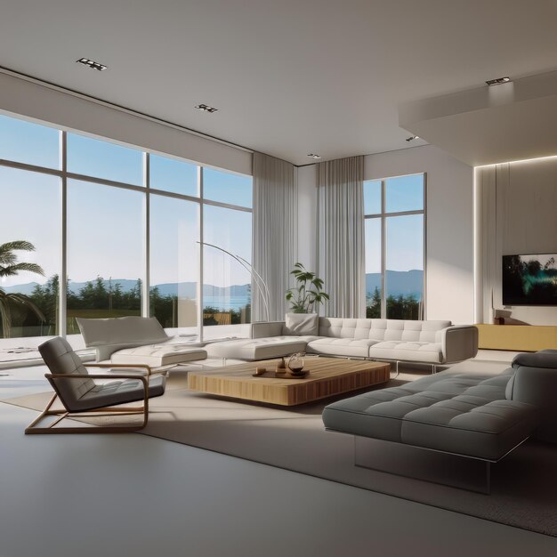 sala de estar com um sofá mesa de café e uma grande janela
