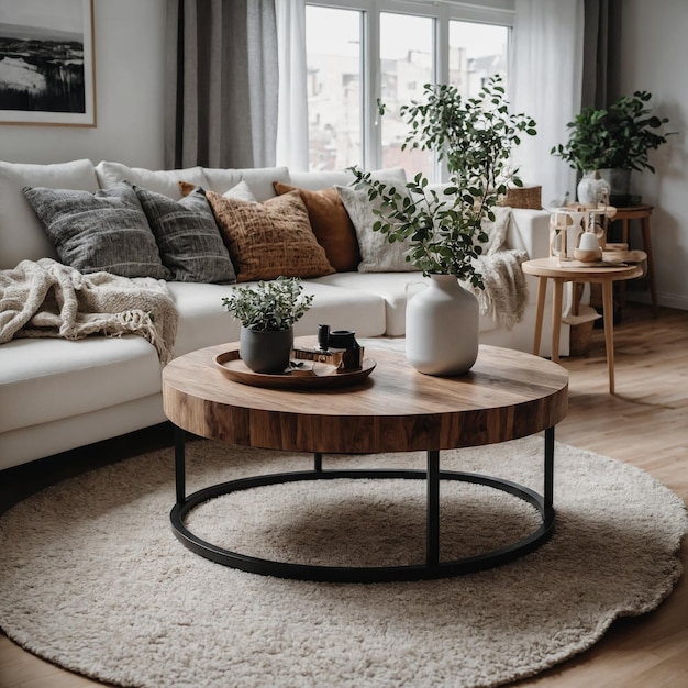 Foto sala de estar com um sofá, uma mesa de café e uma planta em vaso na mesa