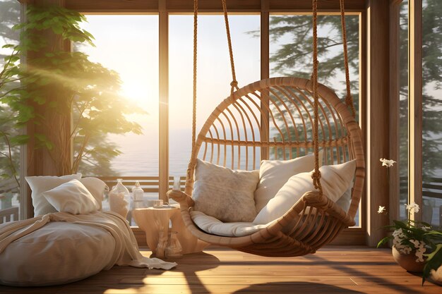 Sala de estar com uma cadeira de balanço e uma janela com vista para o mar ai gerar